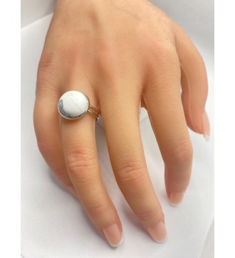 Bague ajustable en pierre marbrée blanche et grise argent