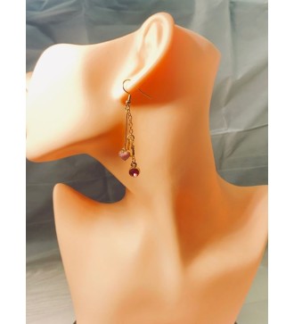 Boucles d'oreilles or : chaîne et pendentif pierre rose