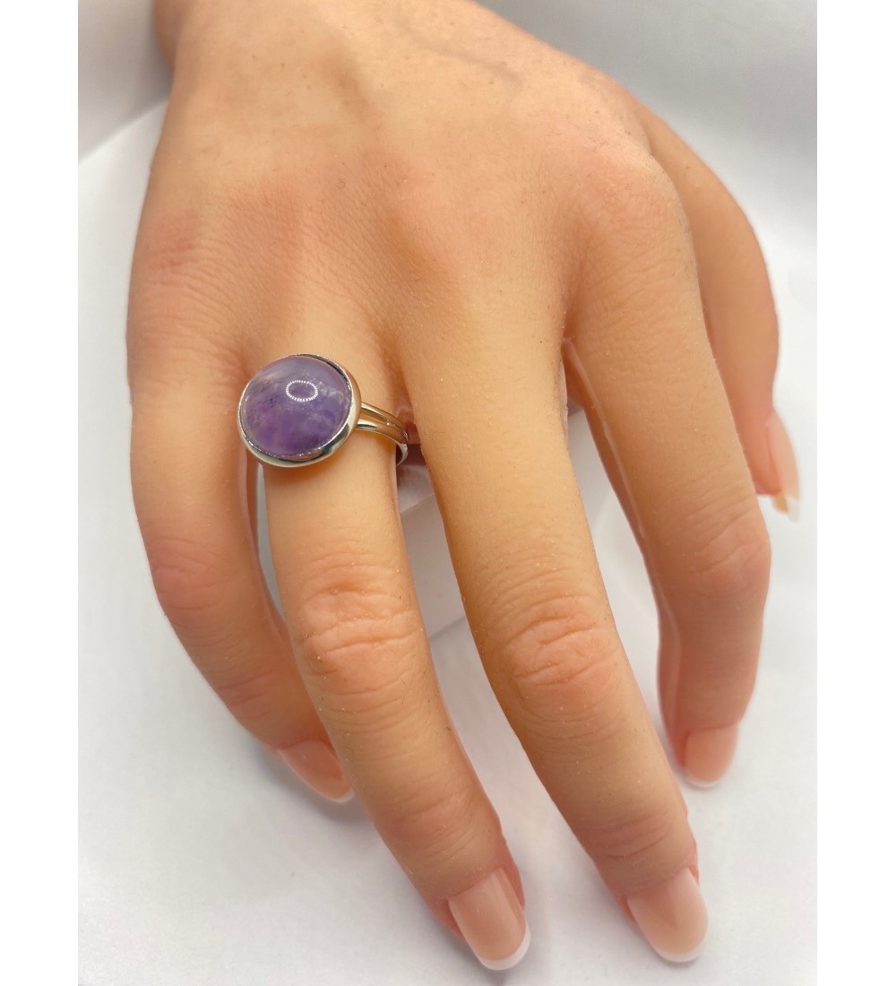 Bague ajustable en améthyste en acier inoxydable argent