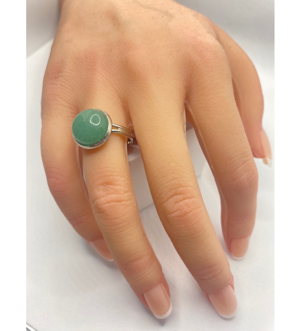 Bague ajustable en pierre verte en acier inoxydable